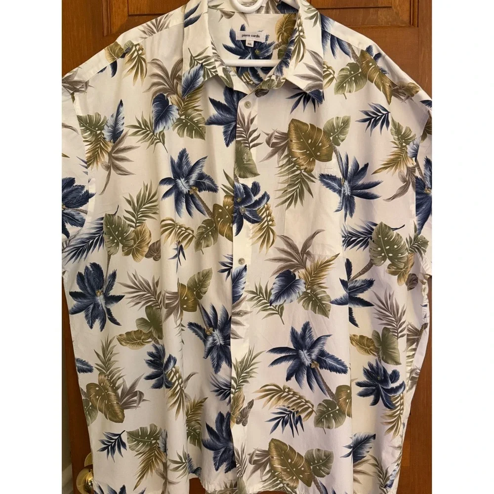 Pierre Cardin Mens Tropical Camp Shirt Size 4XL Cream Short Sleeve Button Down